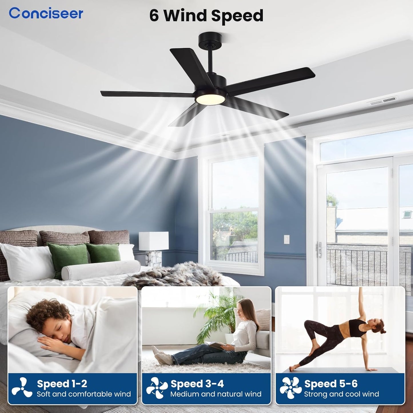 Conciseer Morden Ceiling Fans with Lights,52 Inch Ceiling Fans with Remote for Bedroom Living Room Kitchen, 5 Blades 6 Speed Reversible Quiet DC