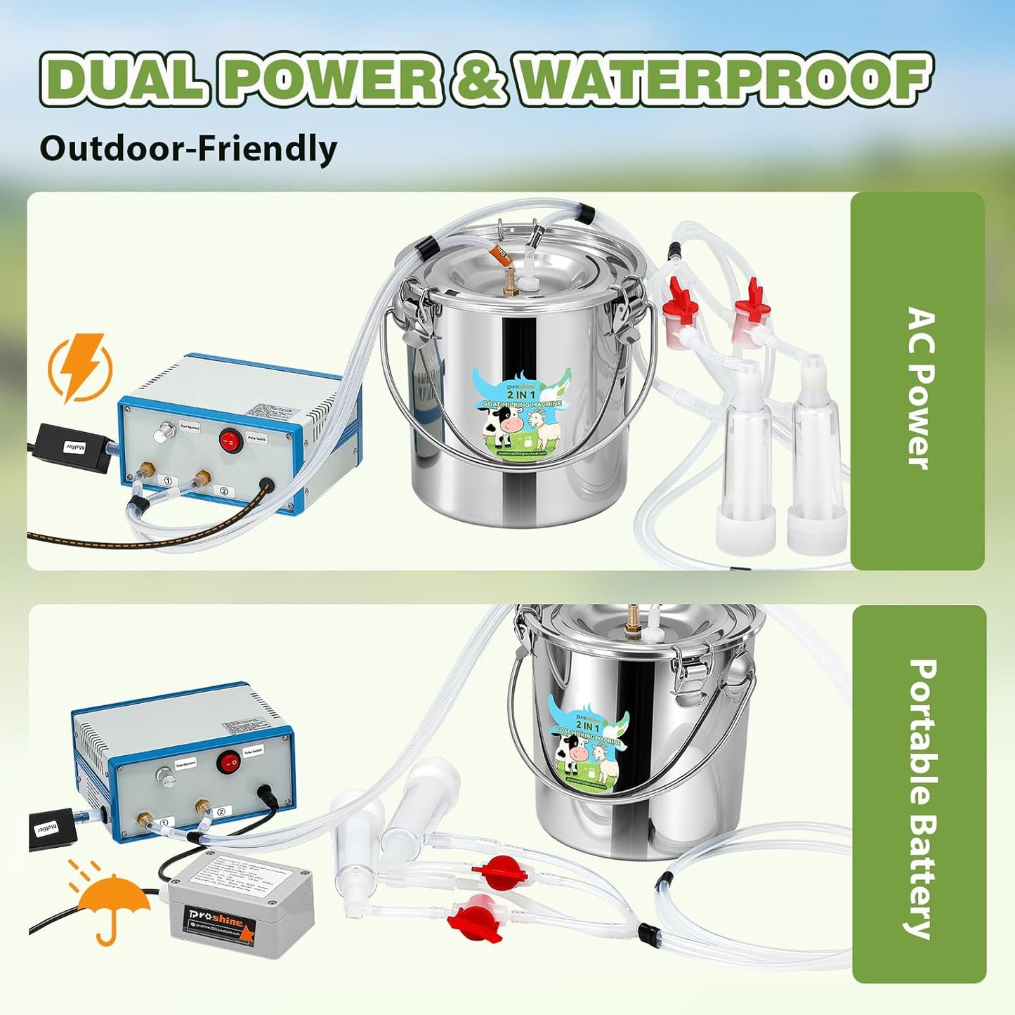 Upgraded 2 in 1 Goat Milking Machine 7L, 304 Stainless Steel Bucket, with 4 Teat Cups for Goat & Cow, Continuously Adjustable Pulsation Vacuum Milker