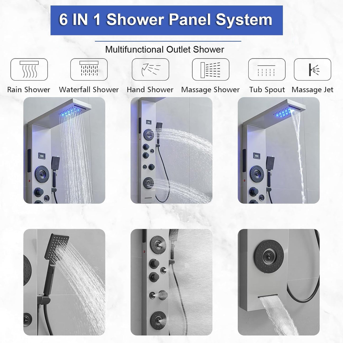 Shower Panel LED Rainfall Waterfall Light Bathroom Shower Panel Tower System, Rain Massage 6-Functions