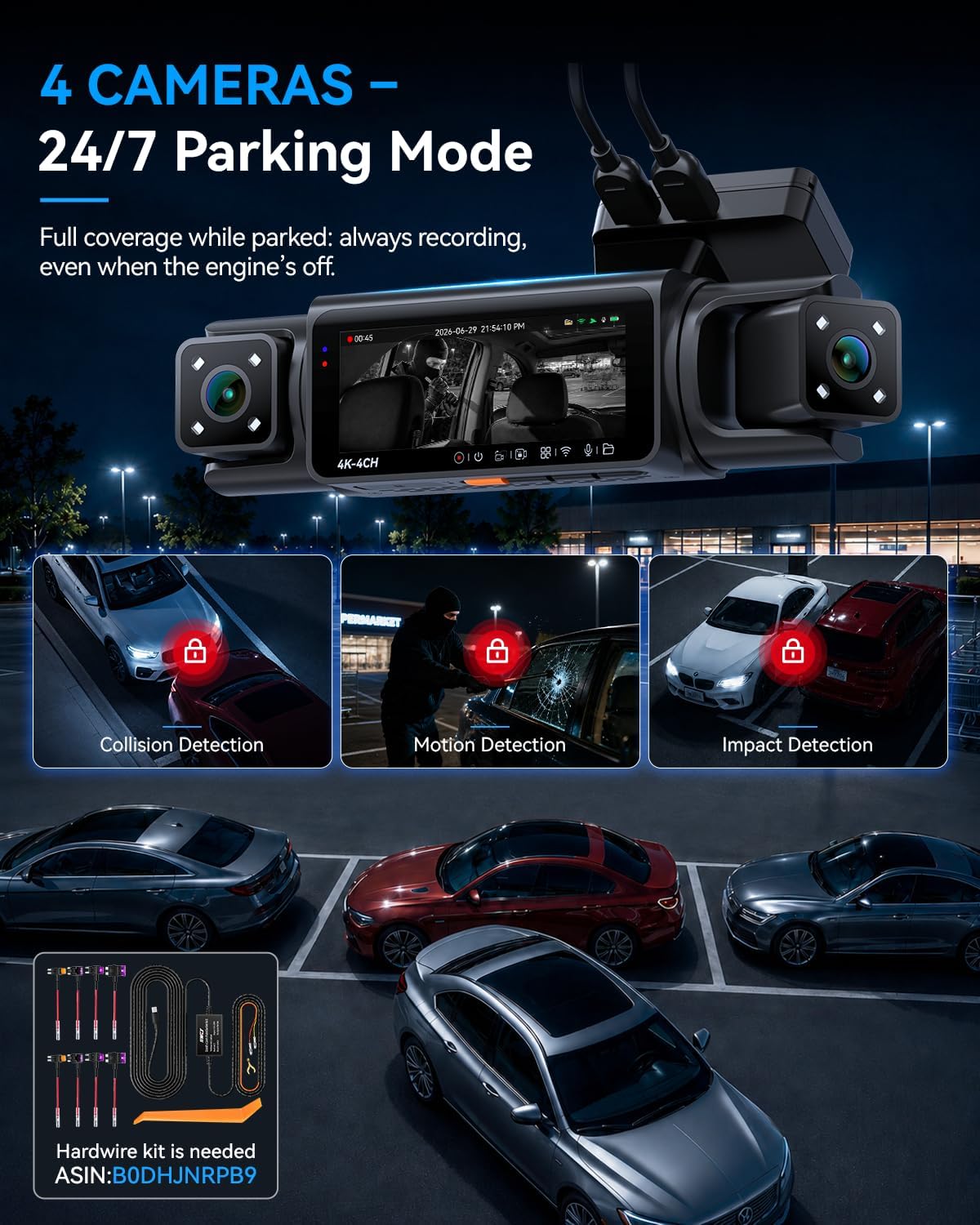IIWEY N7 PRO 4K STARVIS 4 Channel Dash Cam, 360° View Front Rear and Dual Inside Camera, WiFi 6 & GPS, 8-IR Night Vision, 2160P Dash Camera for Cars, 3.18" IPS, 24/7 Parking Mode, Free 64GB Card