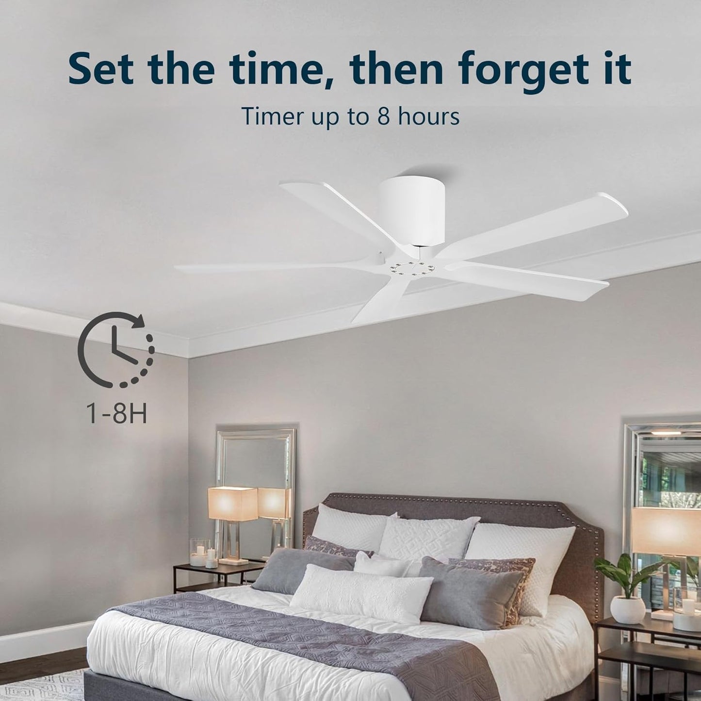 52 Inch Modern Ceiling Fan without Light,5-blade Solid Wood Ceiling Fan No Light,6-Speed Quiet DC Motor,1-8H Timing,Flush Mount Ceiling Fan with