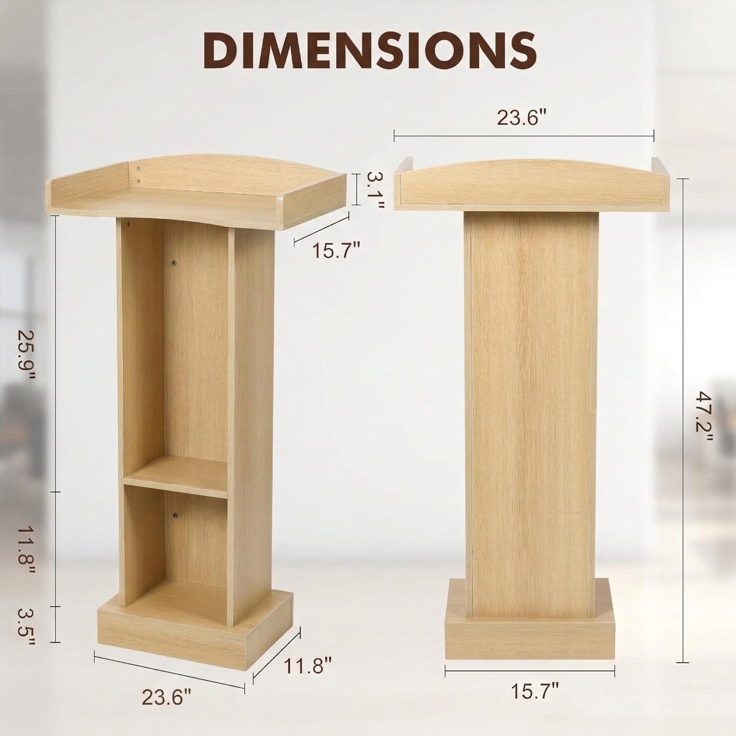 Wooden Podium Stand with Storage Shelves, Oak Color, 47.5" Height, Lectern for Presentations, Church, Classroom, Wedding Speech, Heavy Sturdy Base, 23.6x15.7 Inches Desktop