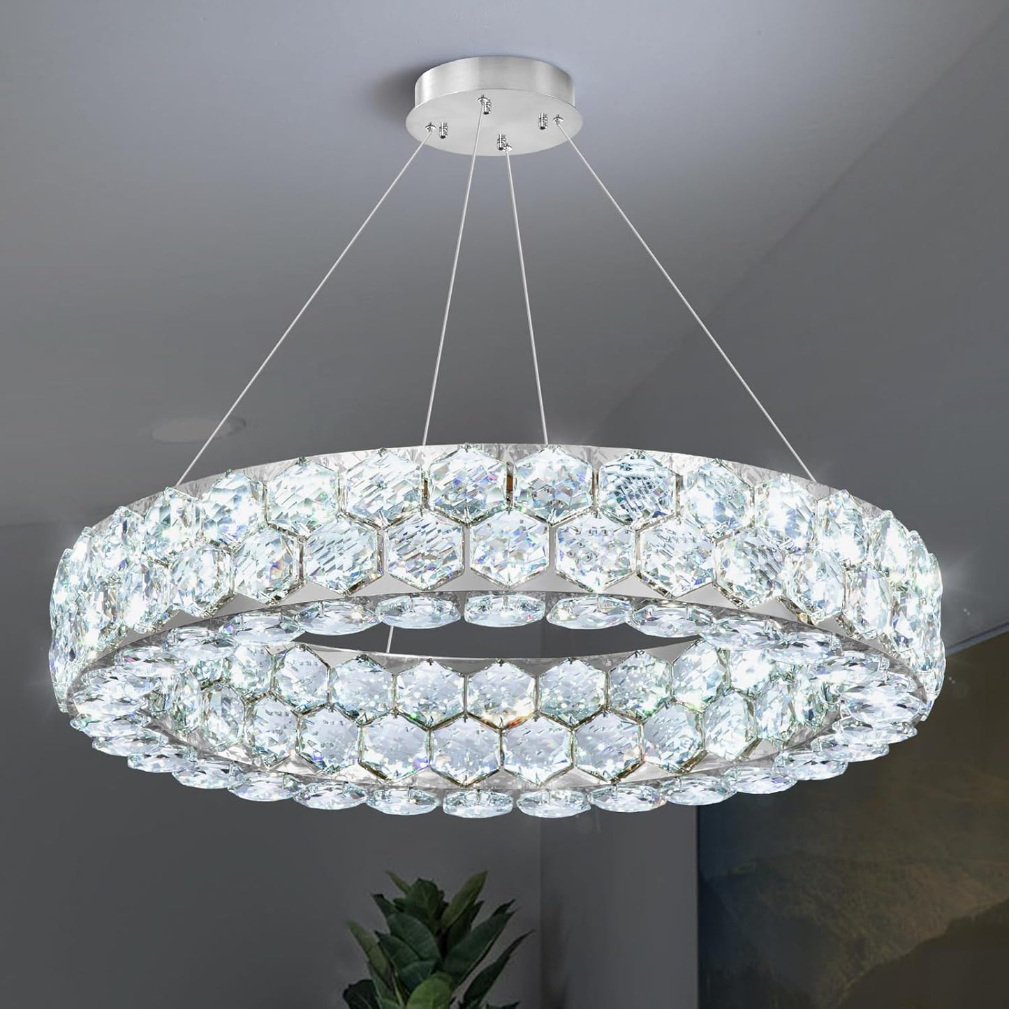 Modern Dimmable Crystal Chandelier for High Ceilings with Remote Control, Flush Mount