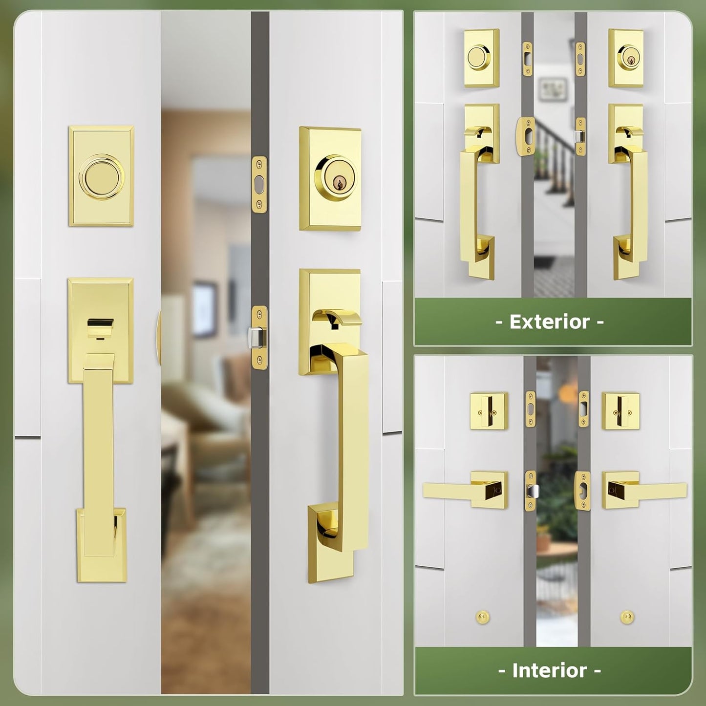 Double Front Door Lock Set, Polished Brass Square Front Door Hardware Set with Dummy