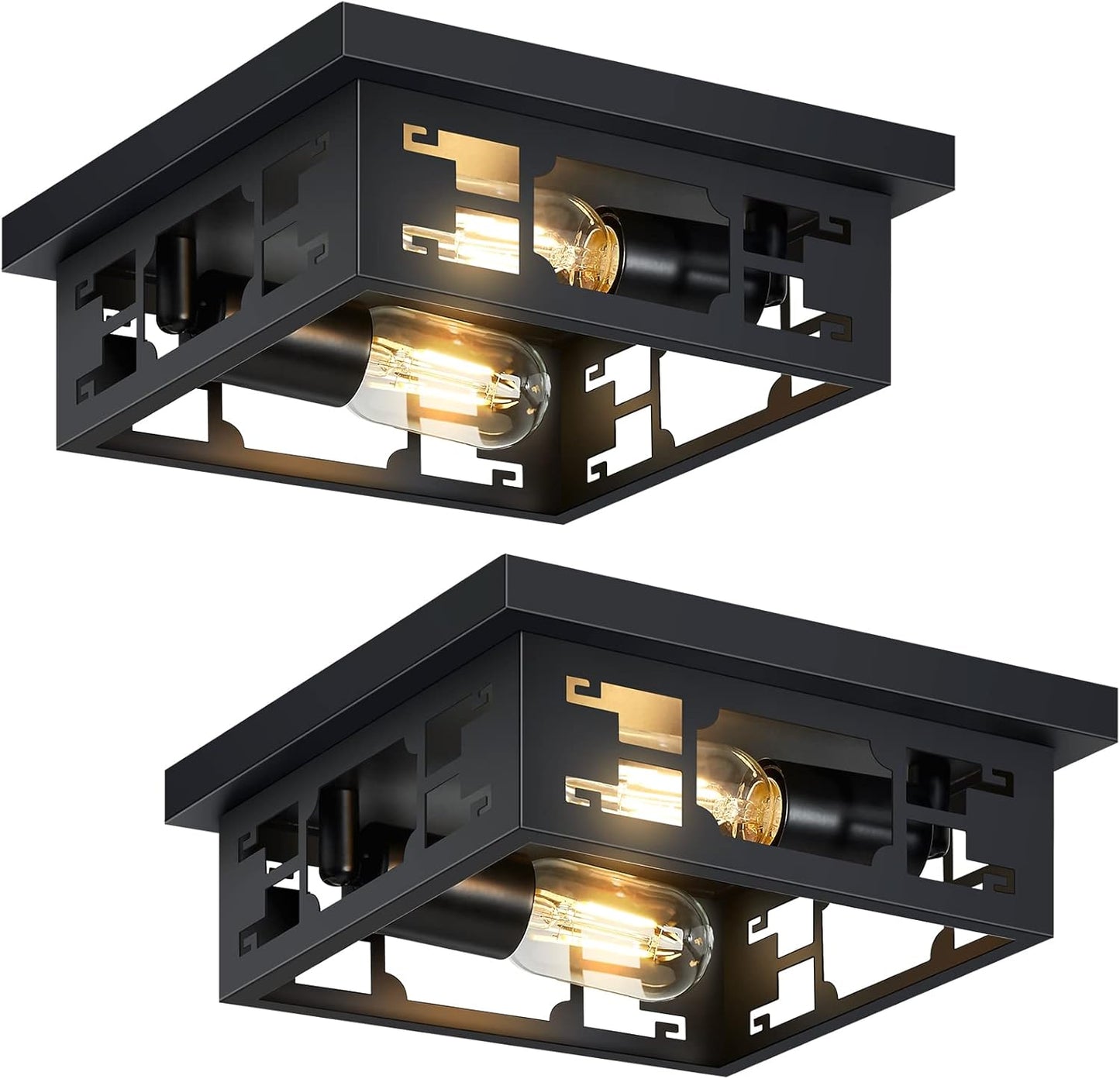 ZHU YAN 2-Light Flush Mount Ceiling Light Fixture,Farmhouse Ceiling Light Fixture,2 Pack Square Black Ceiling Light Metal Cage Ceiling Lamp Fixture