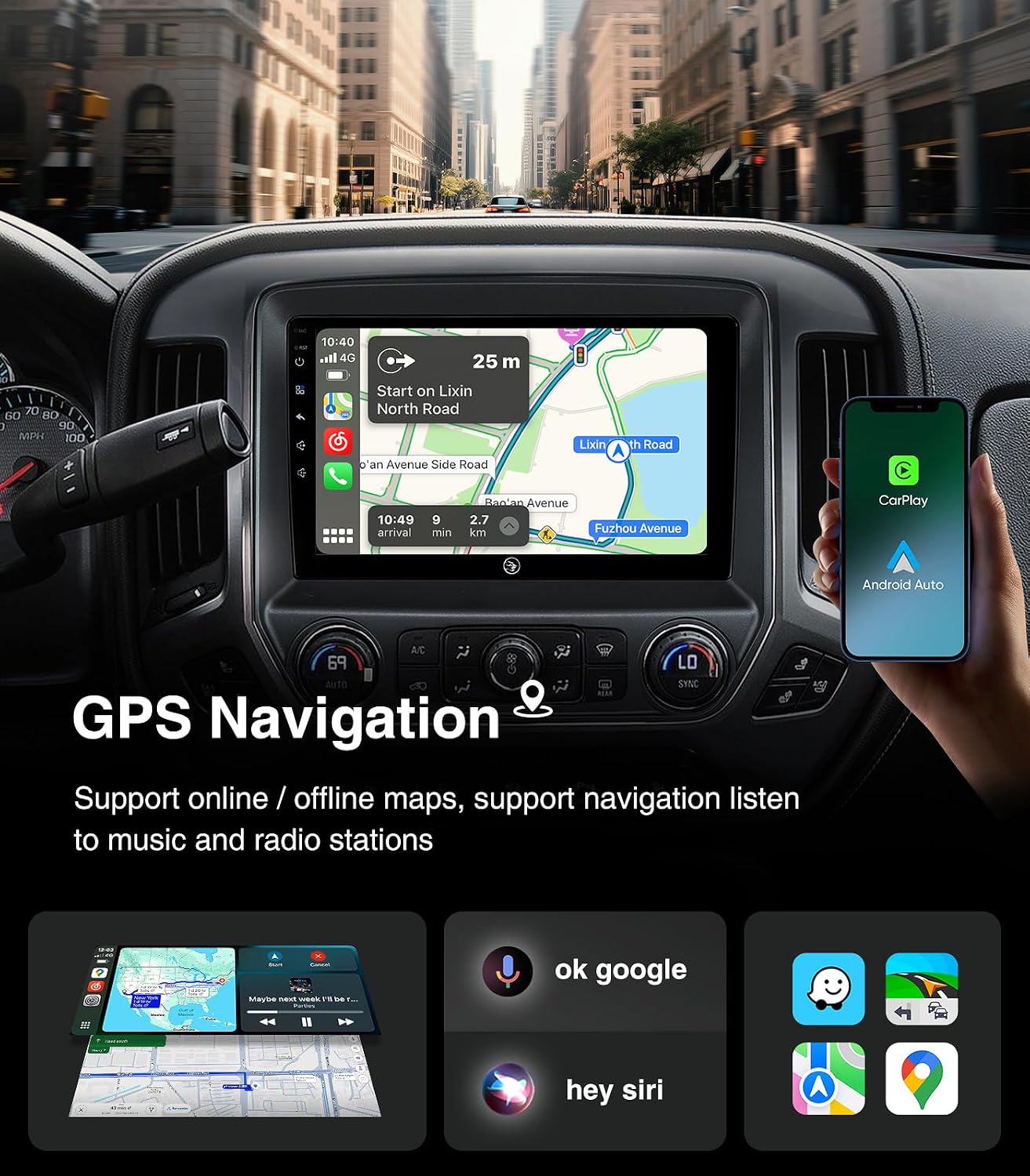 10.2'' Car Stereo Radio for GMC Sierra Chevy Silverado 2014-2018 | HD Touchscreen Carplay/Android Auto/GPS/Bluetooth/AM/FM Radio/HD Backup Cam/SWC