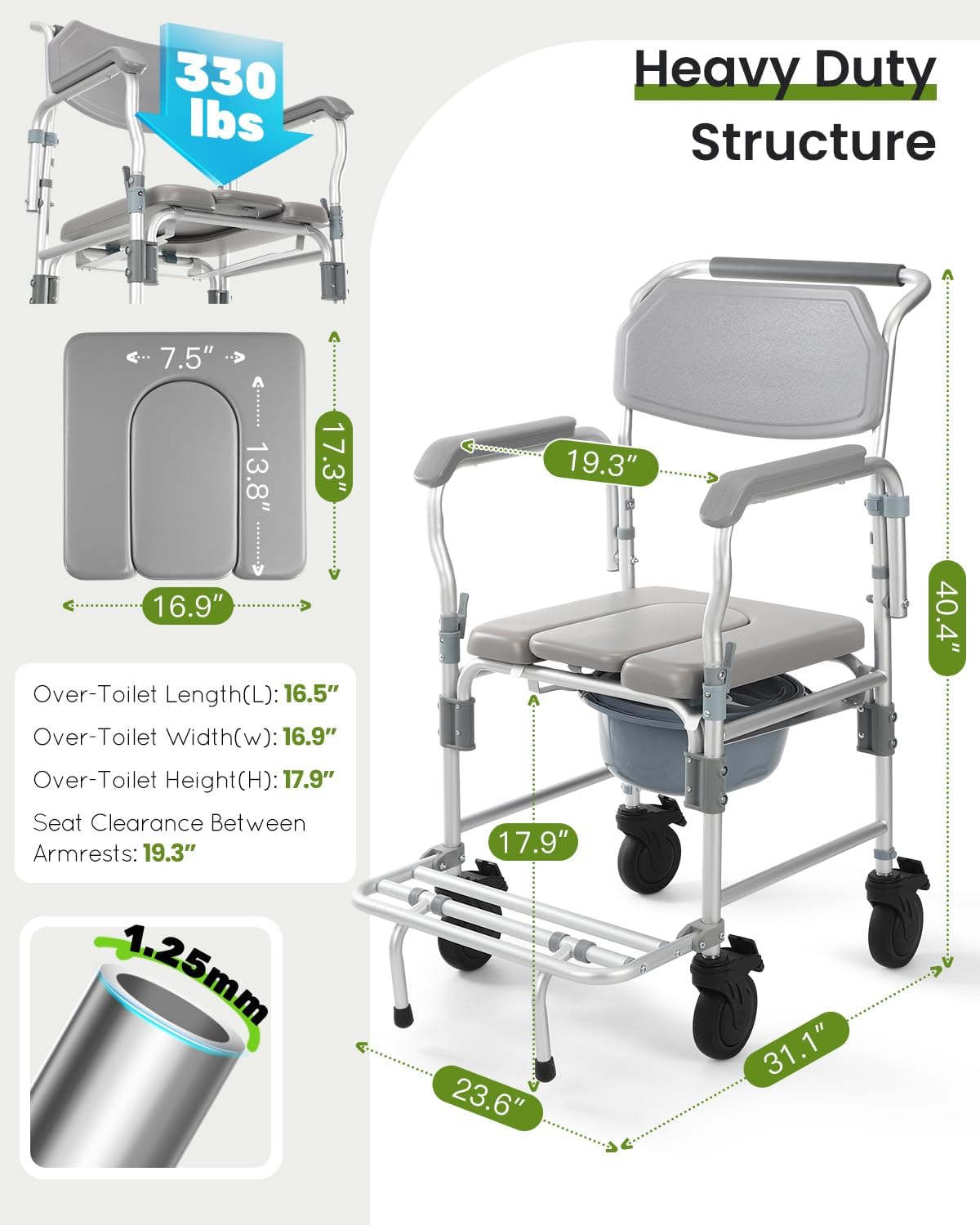 Shower Chair with Wheels & Commode for Elderly and Disabled | 330 lbs heavy-duty aluminum rolling bath chair, flip-up armrest for easy transfer, includes 5" enlarged casters & safety belt