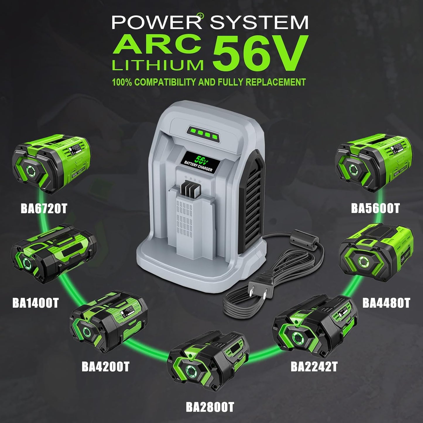 10.0A Replacement Rapid Charger for EGO 56V Battery Charger CH2100 CH3200 CH5500 CH2800D, Compatible with EGO Power+ 56V ARC Lithium Batteries BA1400T BA2242T BA2800T BA3360T