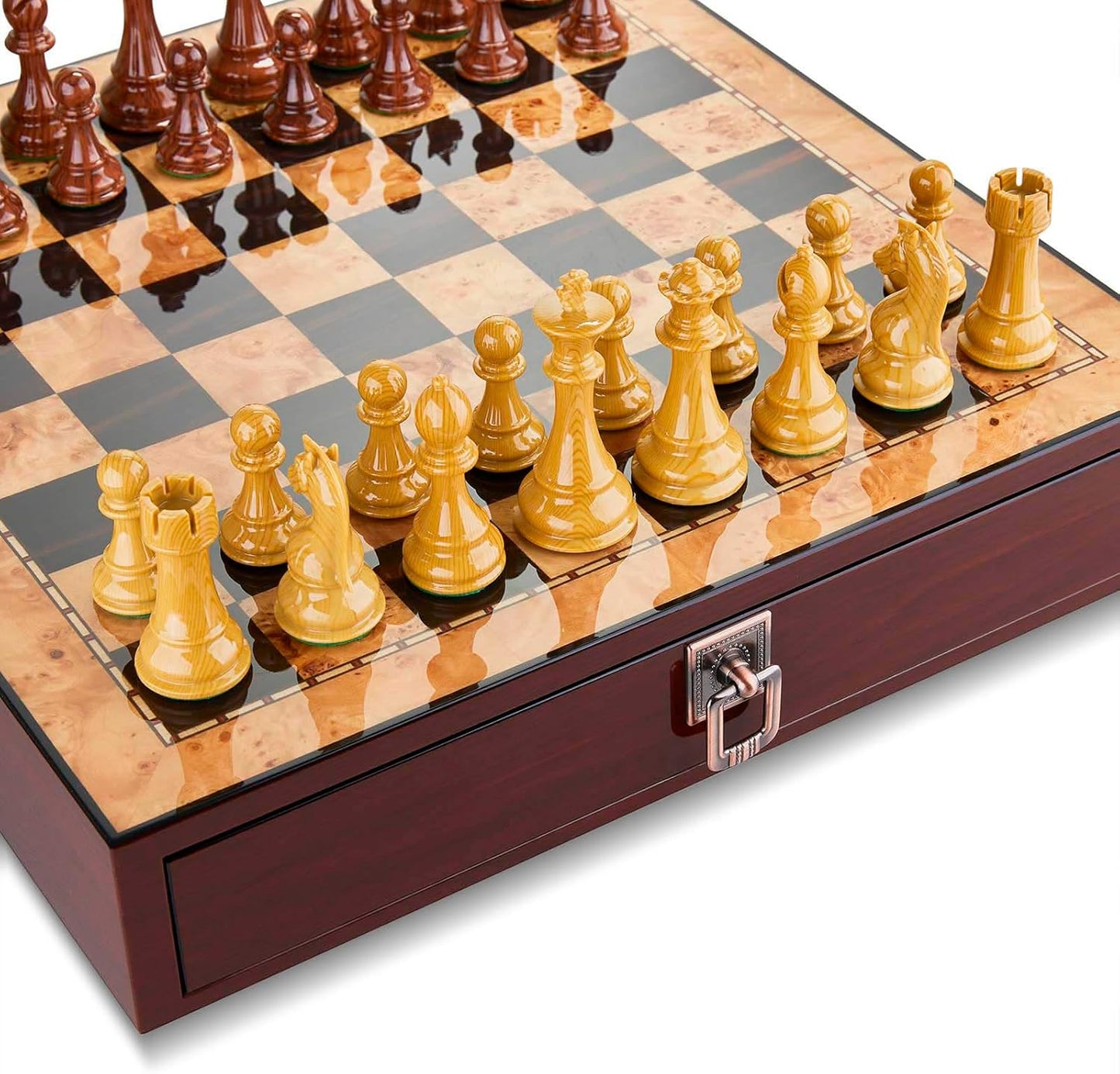 17 inches Wooden Chess Set with High Polymer Weighted Chess Pieces / 2 Built-in Storage Drawers / 2 Extra Que