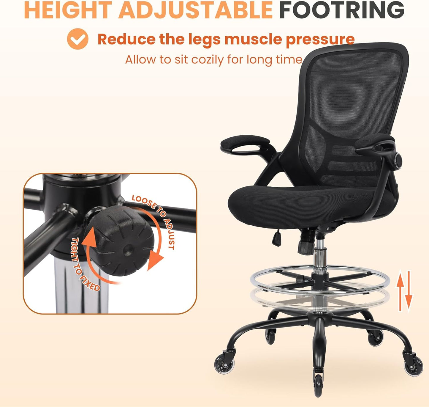 HYLONE Drafting Chair Tall Office Chair, High Ergonomic Standing Desk Computer Stools with Rubber Wheels, Flip-up Armrests, Adjustable Height and