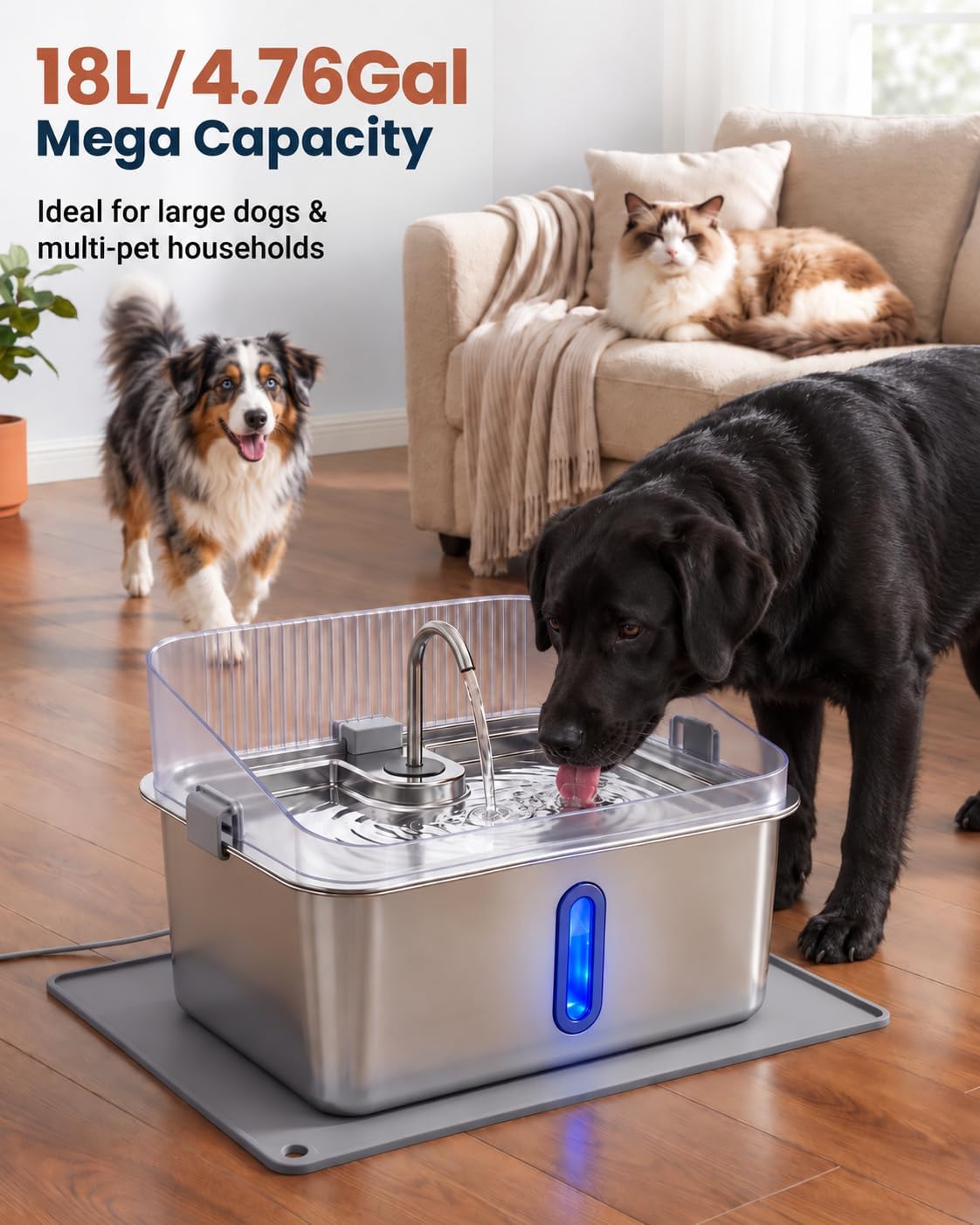 4.76 Gal Dog Water Fountain for Large Dogs, Stainless Steel Pet Water Dispenser with Splash Guard, Large Capacity Dog Bowl with Visible Window, Quiet Pump, 3 Filters and Silicone Mat, Metallic Silver