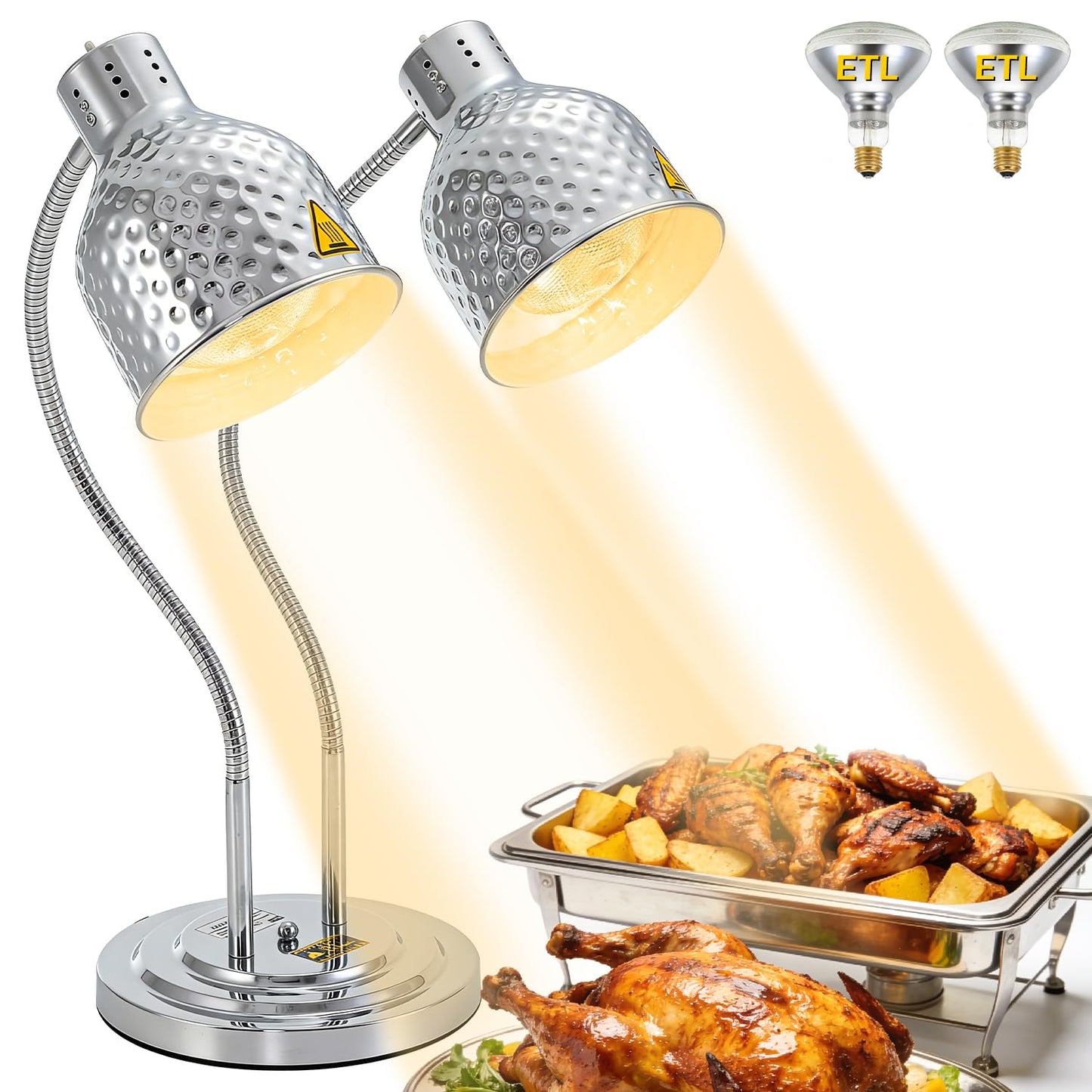 Dyna-Living Food Heat Lamp, 500W Dual-Head Commercial Food Warmer Lamp Portable Electric Heat Lamps for Food Adjustable Catering Warming Lights for Buffet Parties Restaurant Kitchen, Silver