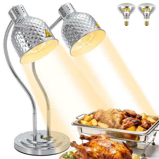 Dyna-Living Food Heat Lamp, 500W Dual-Head Commercial Food Warmer Lamp Portable Electric Heat Lamps for Food Adjustable Catering Warming Lights for Buffet Parties Restaurant Kitchen, Silver