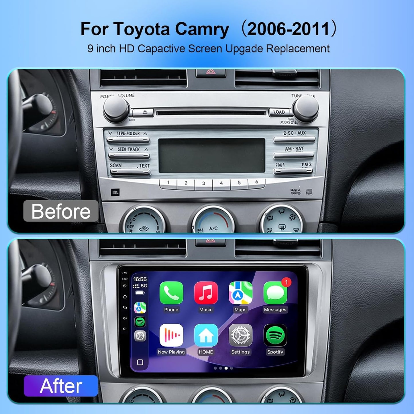 64GB Car Radio Stereo Upgrade for 2006-2011 Toyota Camry, Plug and Play 9'' Android 13 Head Unit with Wireless Carplay/Android Auto/1080P Backup Camera/AM FM Radio 4 Core 2+64GB