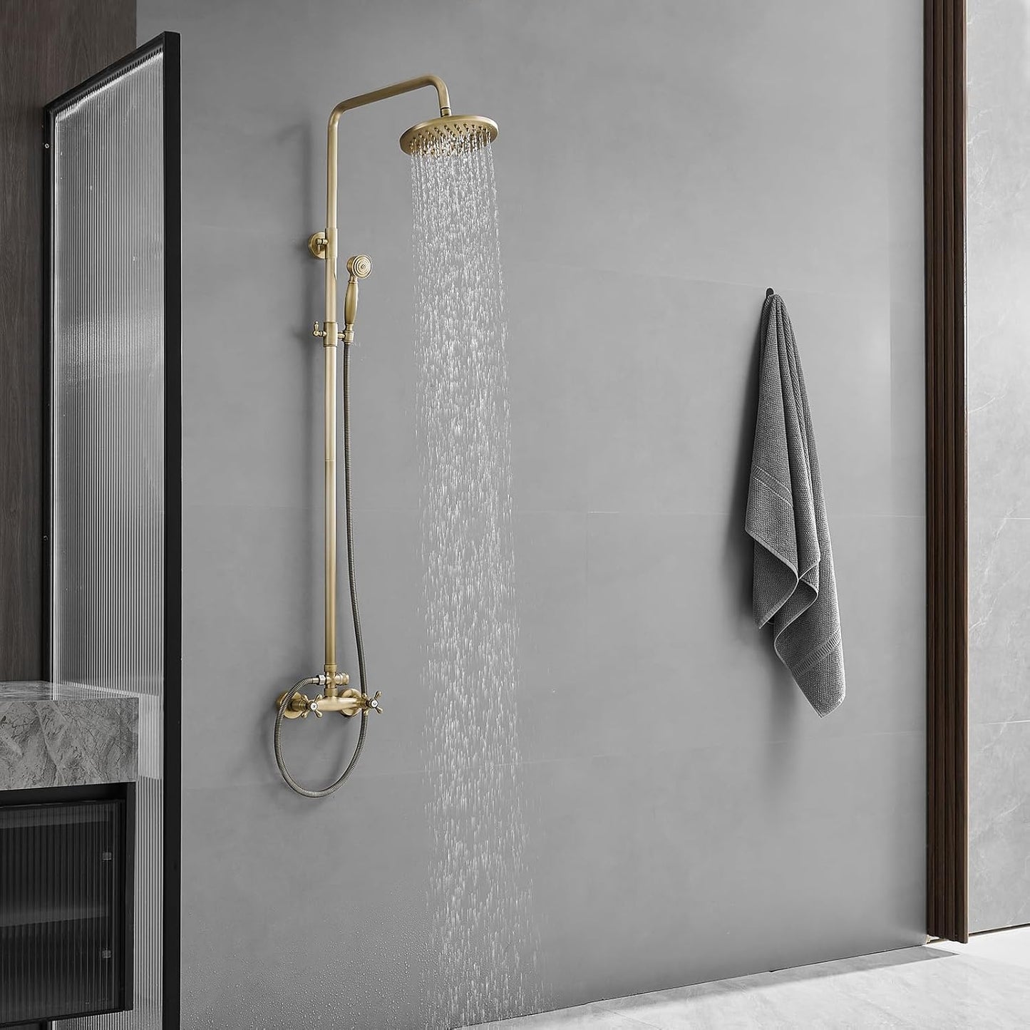 Antique Brass Outdoor Shower Kit, Exposed Pipe Shower System Set, Rainfall Outside Shower Features Two Handle High Pressure, Wall Mount (Antique