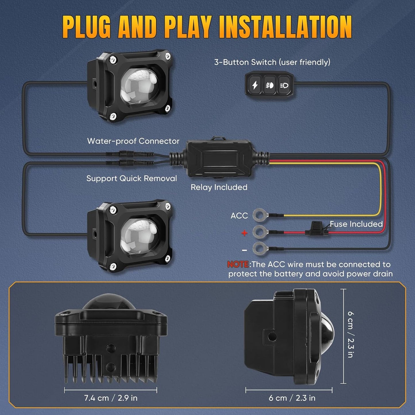 Upgraded Motorcycle LED Auxiliary Lights - Thickened Heavy Duty Bracket, Dual Color White/Amber Strobe Fog Light, DRL Driving Lamp Kit with Wiring Harness for ATV UTV Offroad