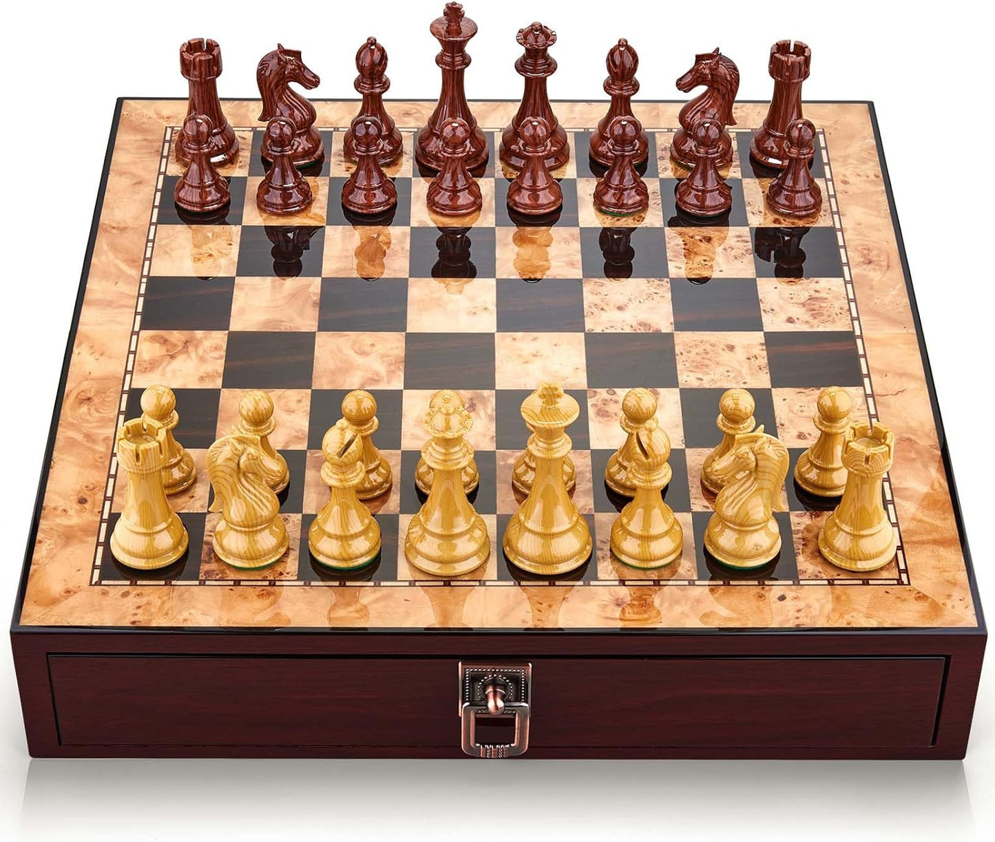 17 inches Wooden Chess Set with High Polymer Weighted Chess Pieces / 2 Built-in Storage Drawers / 2 Extra Que