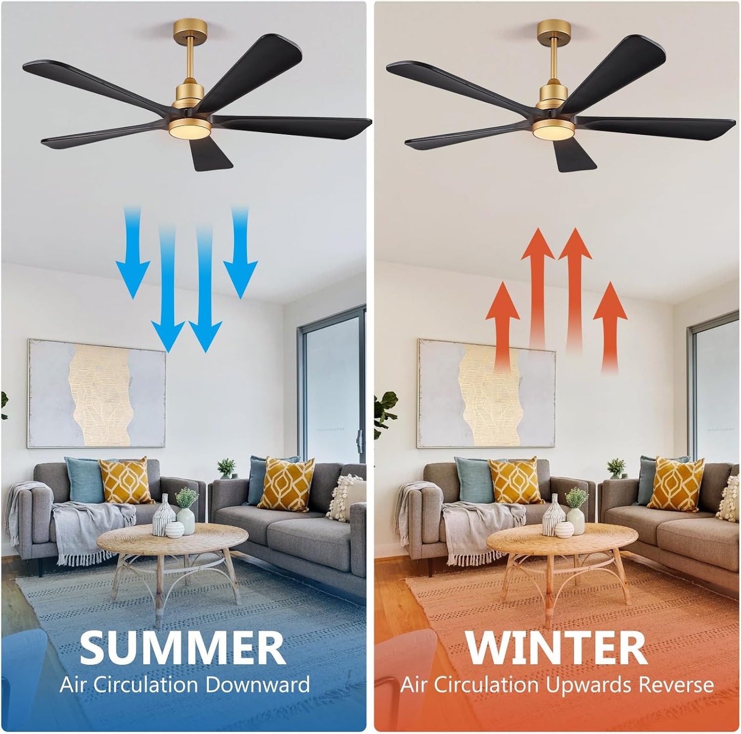 Ceiling Fans with Lights Remote Control - 52 inch Modern Ceiling Fan with Light 5 Black Wood Blades, Reversible Motor for Indoor/Outdoor Patio,