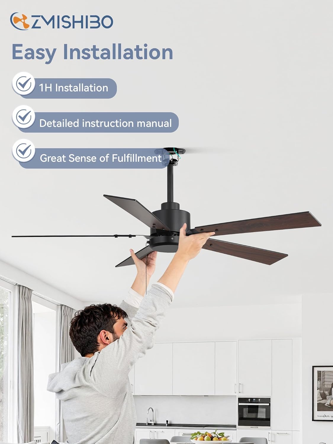 ZMISHIBO 52 Inch Ceiling Fan No Light with Pull Chain, Modern Ceiling Fan without Lights, 6-Speeds, Quiet DC Motor, Remote Control, Black Ceiling Fan for Bedroom, Living Room, Indoor/Outdoor Use Black 52 Inch