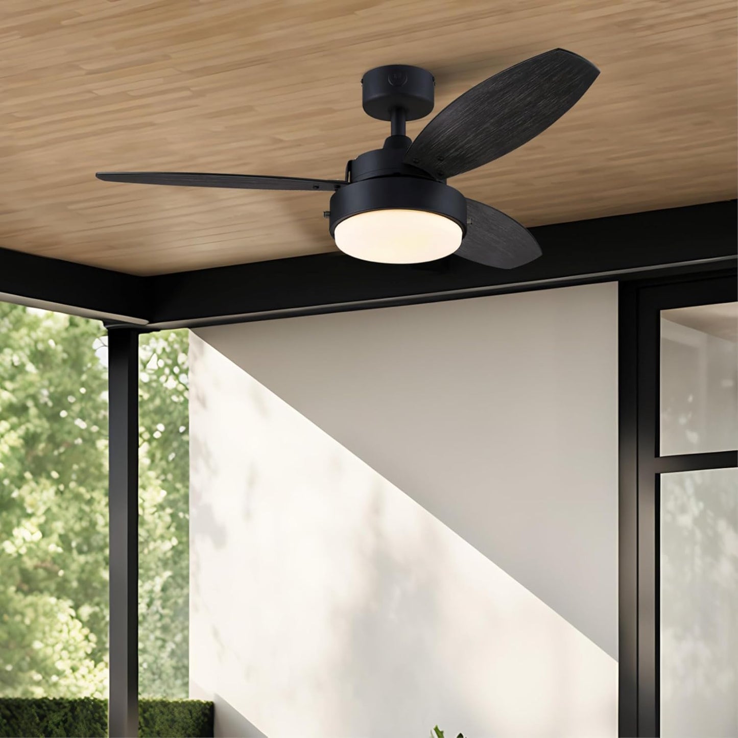 Westinghouse Lighting Alloy Contemporary Indoor/Outdoor Ceiling Fan, LED Light Fixture with Opal Frosted Glass, 42 Inch, Matte Black Finish