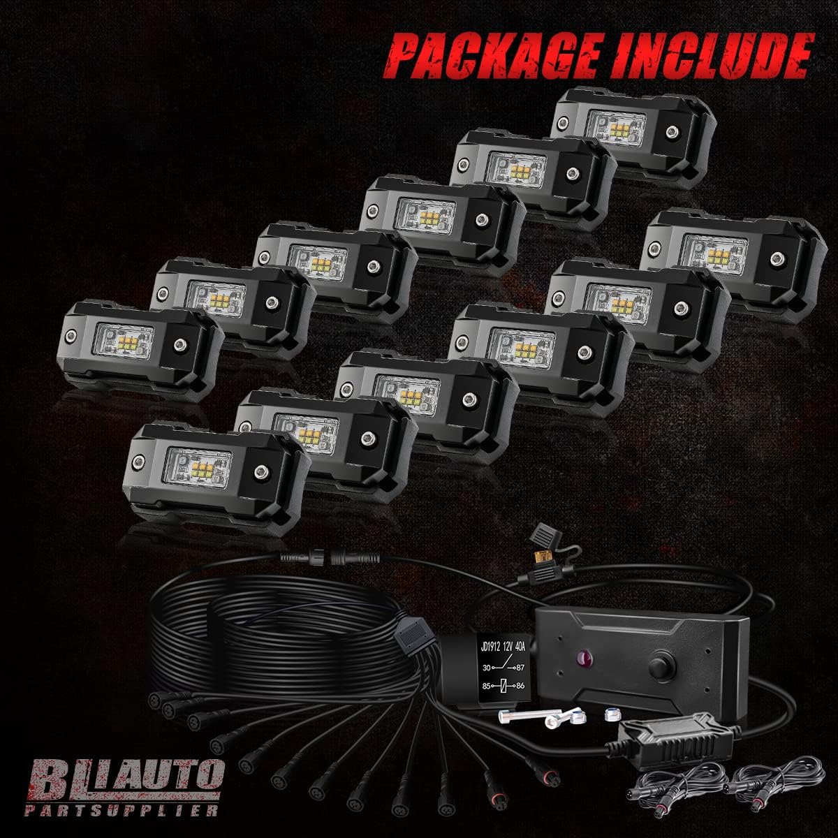 BLIAUTO R4 Switchback LED Rock Lights Kit Amber/White 12 Pods with Switch Wiring Harness,Memory & 3 Modes Function for Jeep Trucks Offroad SUV Pickup