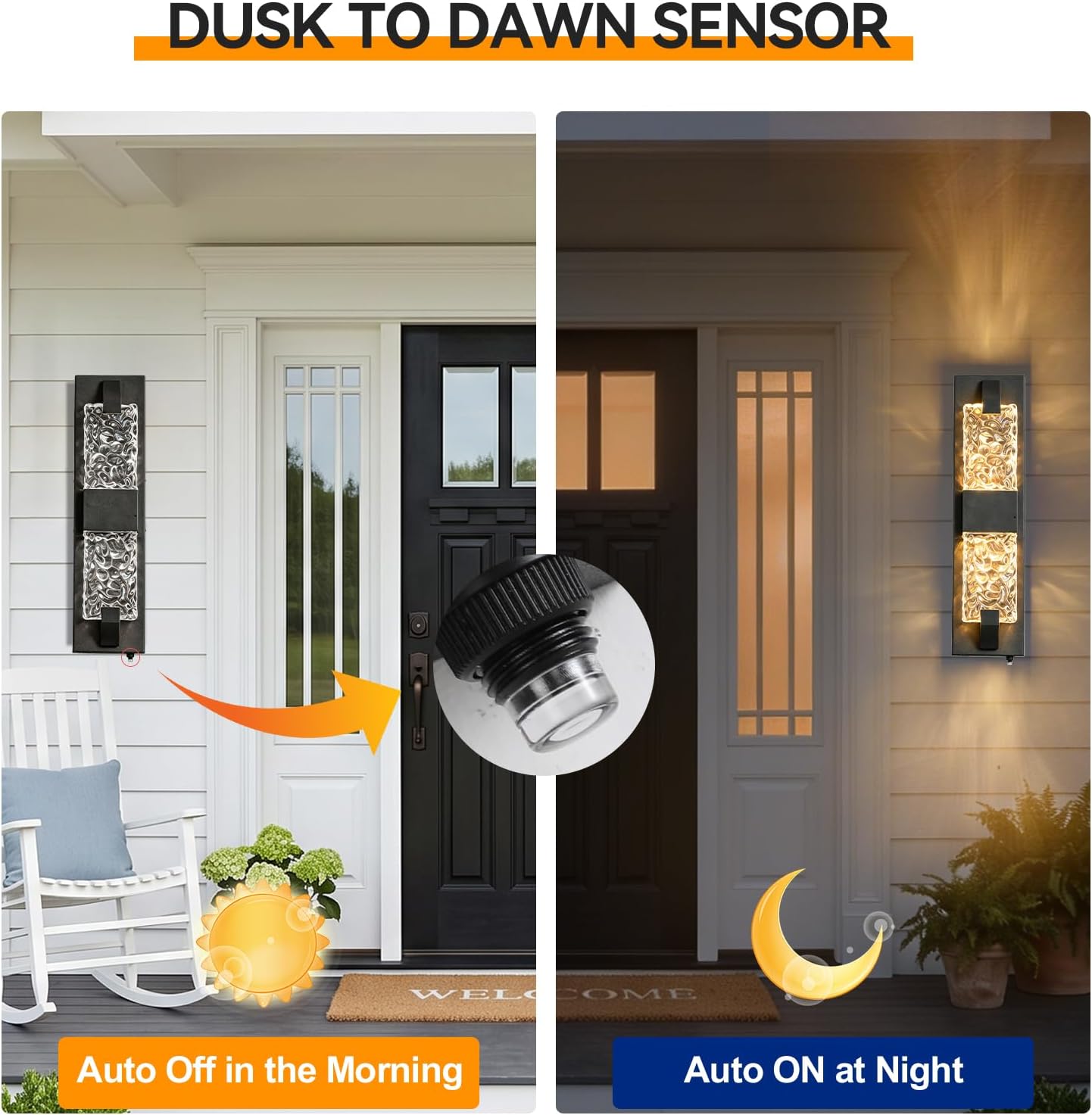 2 Pack Black Outdoor Wall Light 18.5" Dusk to Dawn Outdoor Lighting, Modern Crystal Ripple Porch Lights Outdoor Hardwired Non-Solar IP65 Waterproof Exterior Wall Sconce for House Garage Entryway Black 18.5IN (2 Pack)