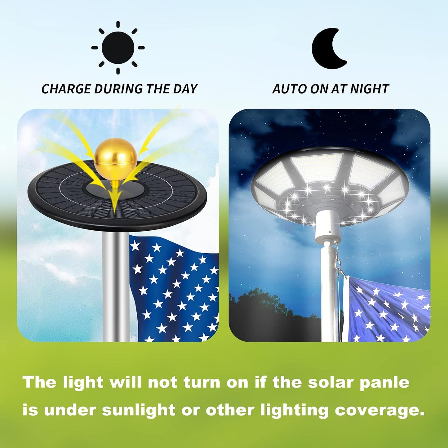 Flagpole Solar Light 6000 Lumens Brightest 566 LED Flag Pole Light Solar Powered with DC Charge Port Last Up to 20 Hrs Outdoor Dusk to Dawn IP67 Waterproof for Most 15 to 40ft Flag Poles Black