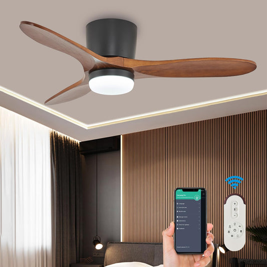 42 Inch Flush Mount Ceiling Fan with Lights 3 Wood Fan Blade Noiseless Reversible DC Motor Remote Control Flush Mount Ceiling Fan with Light