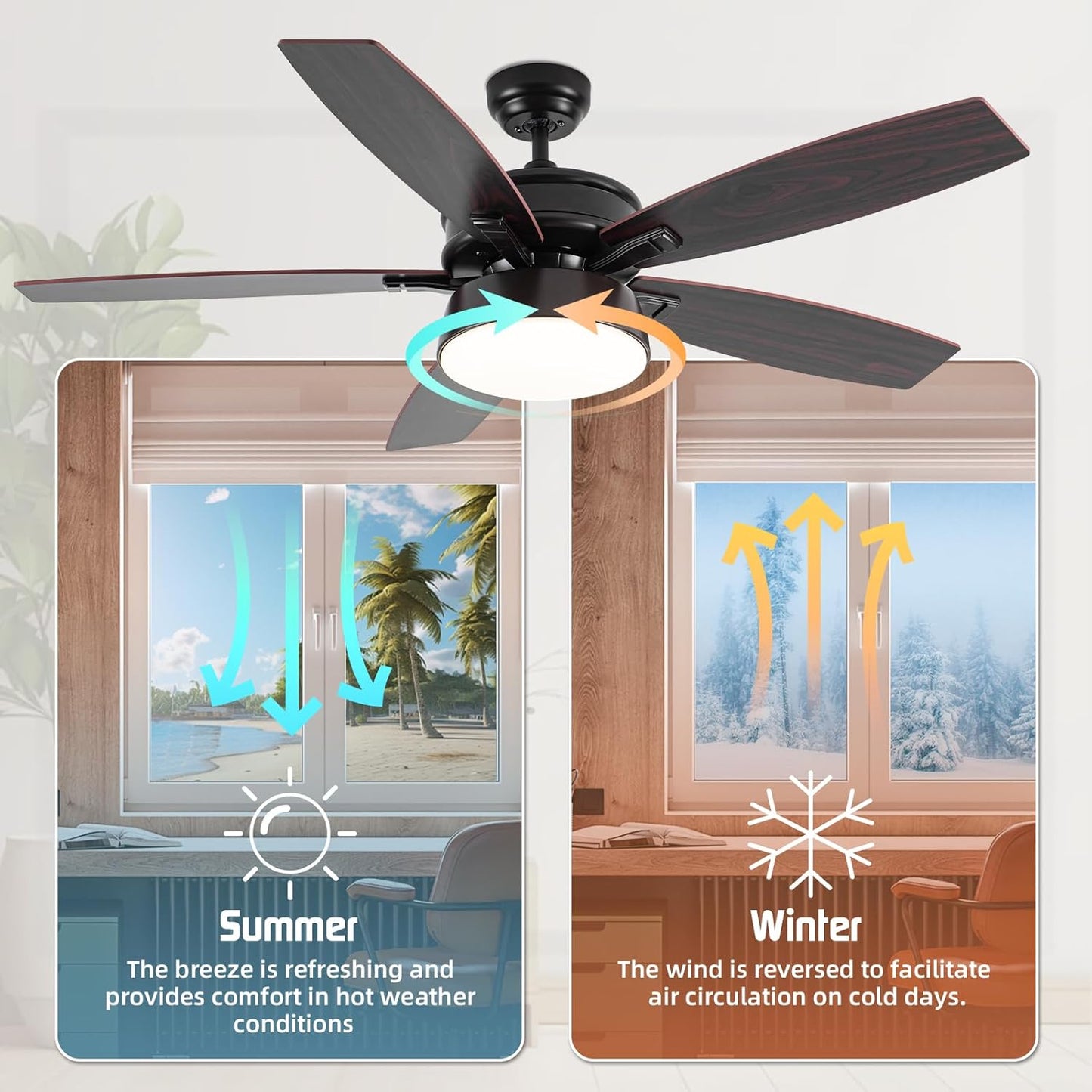 Ceiling Fans with Lights, 52 inch Ceiling Fan with Light and Remote Control, Reversible Flush Mount Ceiling Fan, Dimmable 5 Blades Low Profile