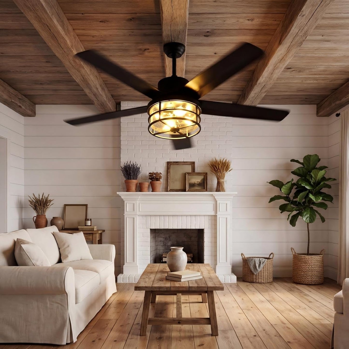 52" Plug-in Ceiling Fan with Light, Matte Black Modern Industrial Caged Glass Fan for Living Room, Bedroom, Farmhouse Decor, 4-Light E12 Base, Remote/App Control, Reversible DC Motor