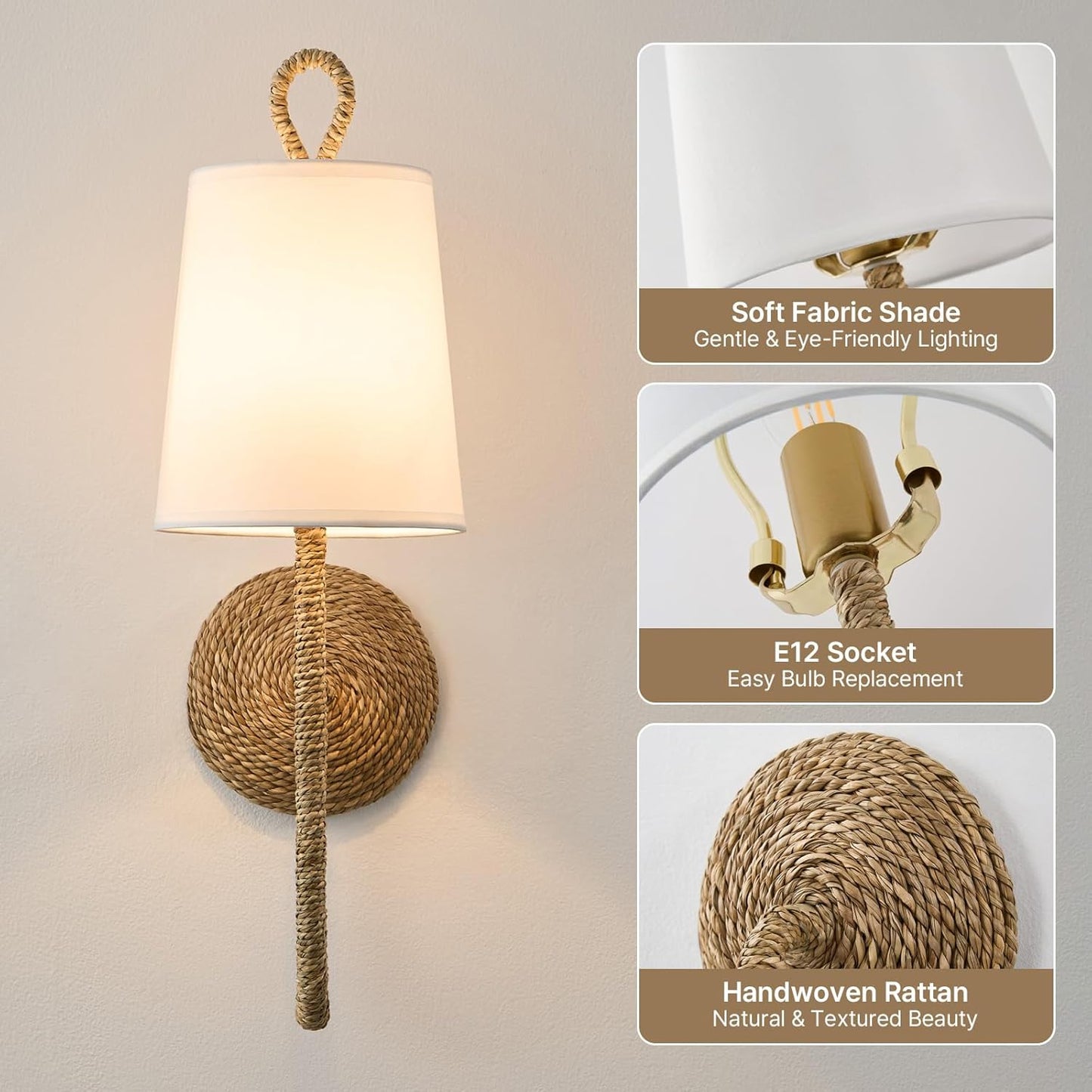 Boho Coastal Rattan Wall Sconce - Set of 2 Bohemian Beachy Nautical Sconces - Natural Wicker Woven Light Fixture with White Fabric Scalloped Shade for Bedroom Living Bathroom Vanity Hallway Decor