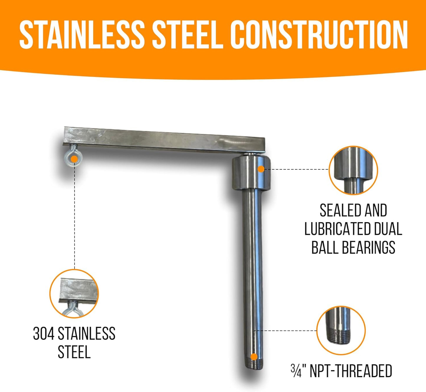 Heavy-Duty Windsock Pivot Arm – 304 Stainless Steel Build with 3/4" NPT Male Threading | Smooth 360° Rotation | Dual Ball Bearings | Threaded Mount for Accurate Wind Direction & Industrial Use