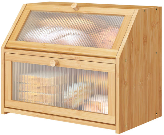 Bread Box for Kitchen Counter, Large Bamboo Wood Double Layer Bread Box, Wooden Bread Storage Capacity Natural Large