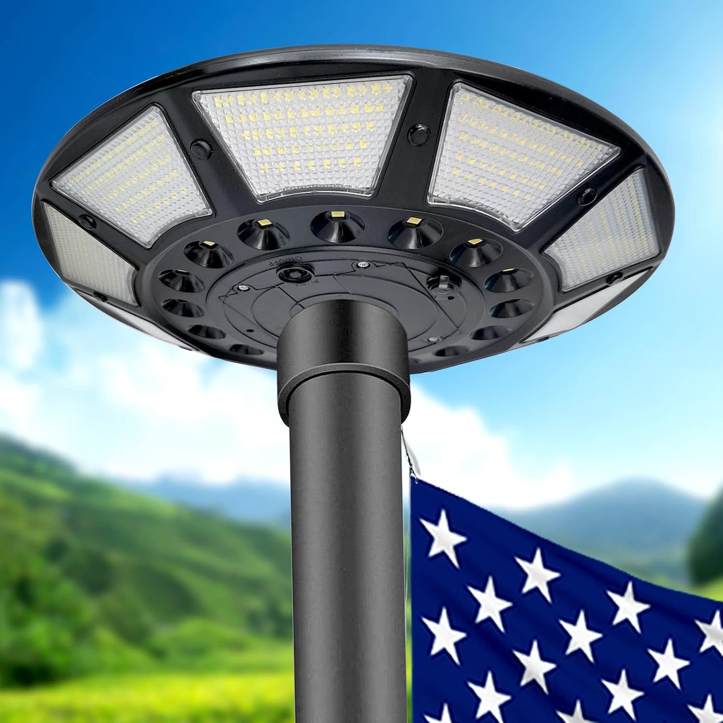 Flagpole Solar Light 6000 Lumens Brightest 566 LED Flag Pole Light Solar Powered with DC Charge Port Last Up to 20 Hrs Outdoor Dusk to Dawn IP67 Waterproof for Most 15 to 40ft Flag Poles Black