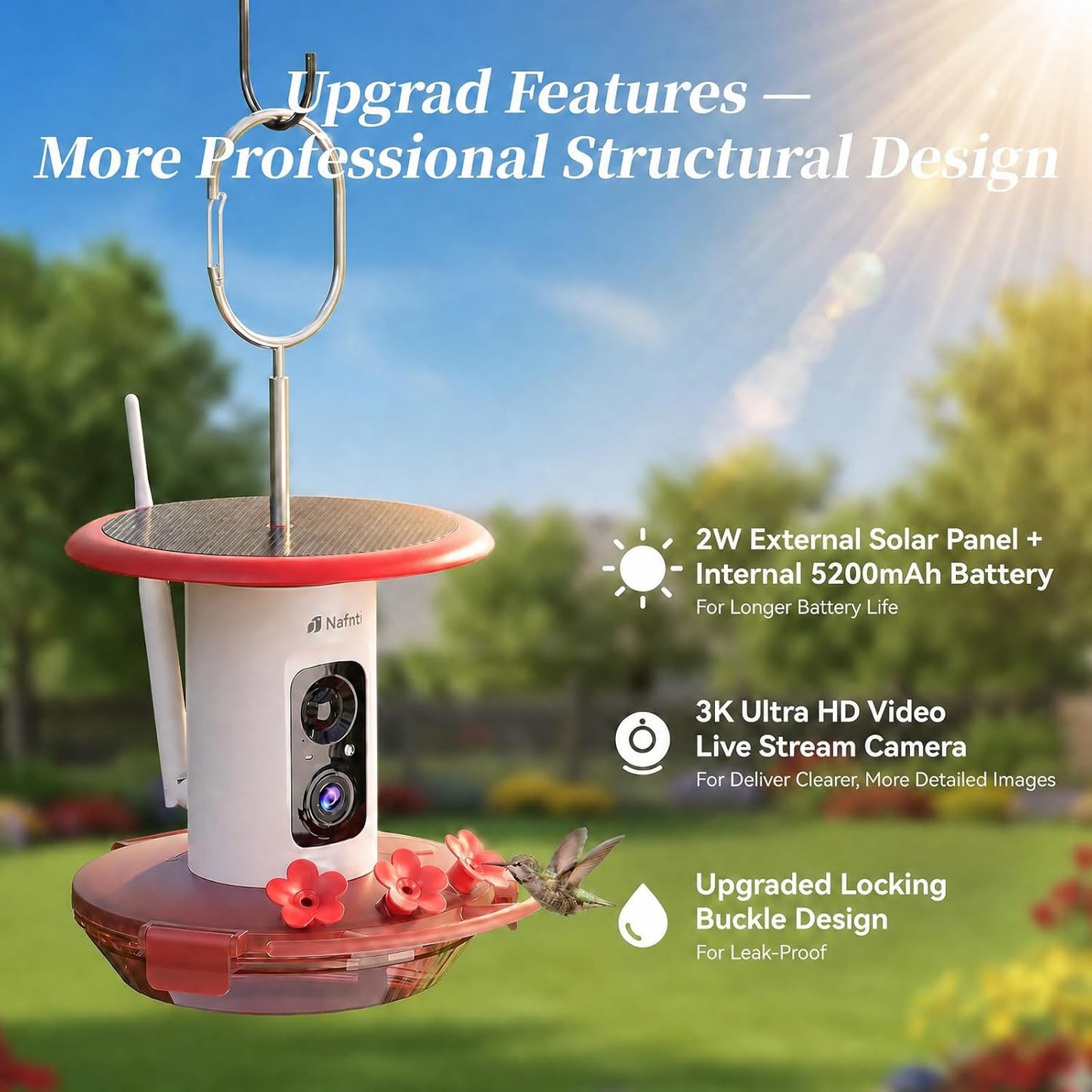 Smart Hummingbird Feeder with Camera 5g WiFi- 3K HD Video Live, Leakproof & Bee Proof, AI Identify Instant Notification, Solar Powered Humming Bird Camera Feeder, Mom Birthday Gifts