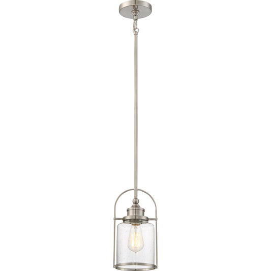 Quoizel Payson Mini Pendant Light, 7 Inch 1-Light Brushed Nickel, Clear Seeded Glass Pendant Light, Max Hanging Height 53", Ceiling Light for Kitchen Island, Dining, Hallway, Bar or Office