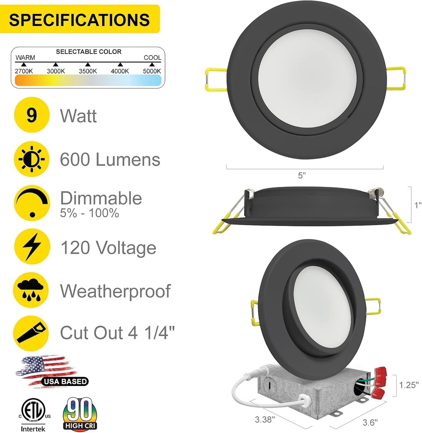 NUWATT | 6 Pack | 4 Inch Gimbal Ultra-Thin LED Recessed Light, 2700K/3000K/3500K/4000K/5000K Selectable, 630 Lumen Dimmable, Black Trim Adjustable