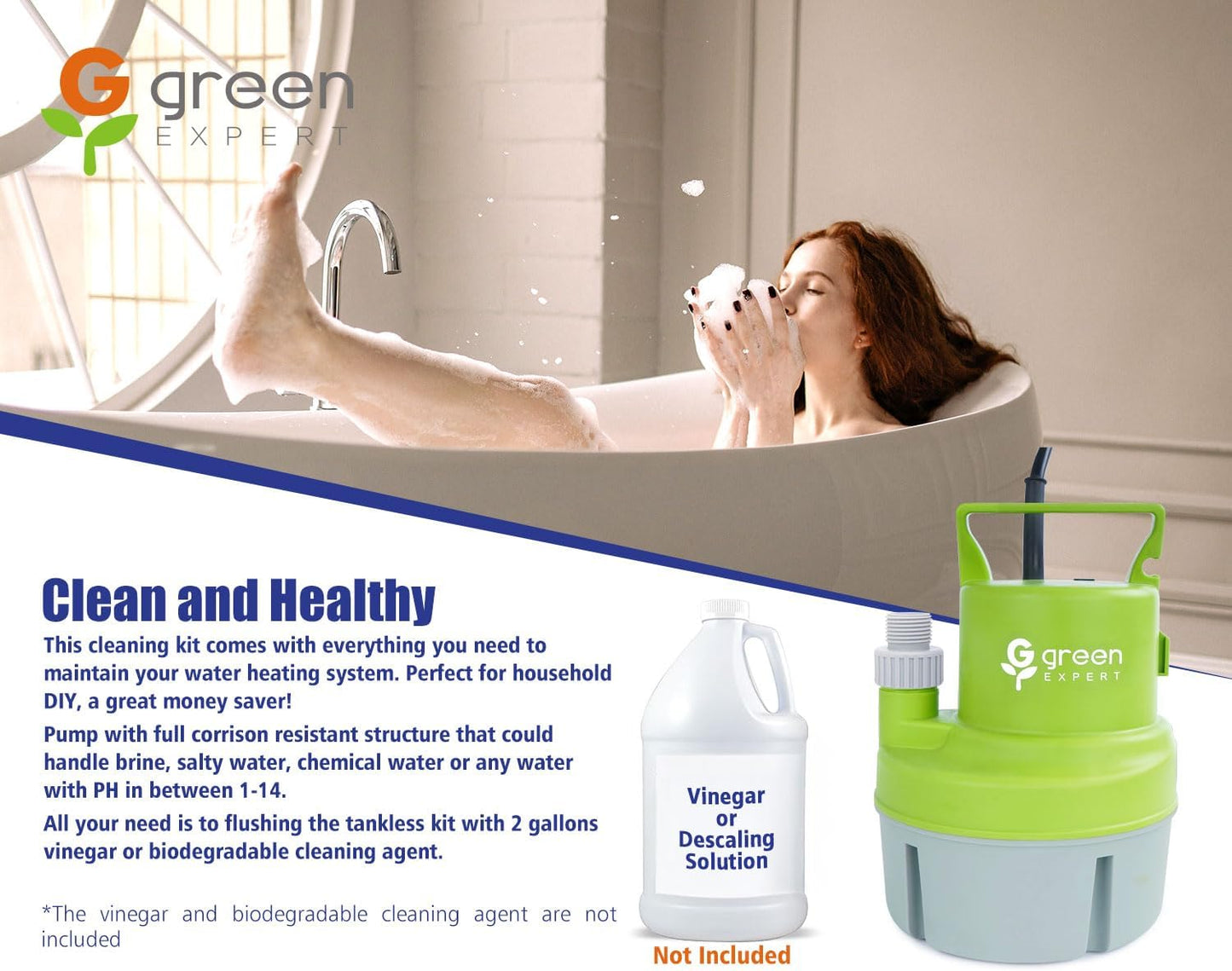 Tankless Water Heater Flushing Kit, 6-in-1 Descaling Kit with 1/3HP Utility Pump, 3-Gallon Bucket w/Lid Opener, 2×6ft 3/4" GHT Red&Blue PVC Hoses, Wrench & Adapter, for Isolation Valves