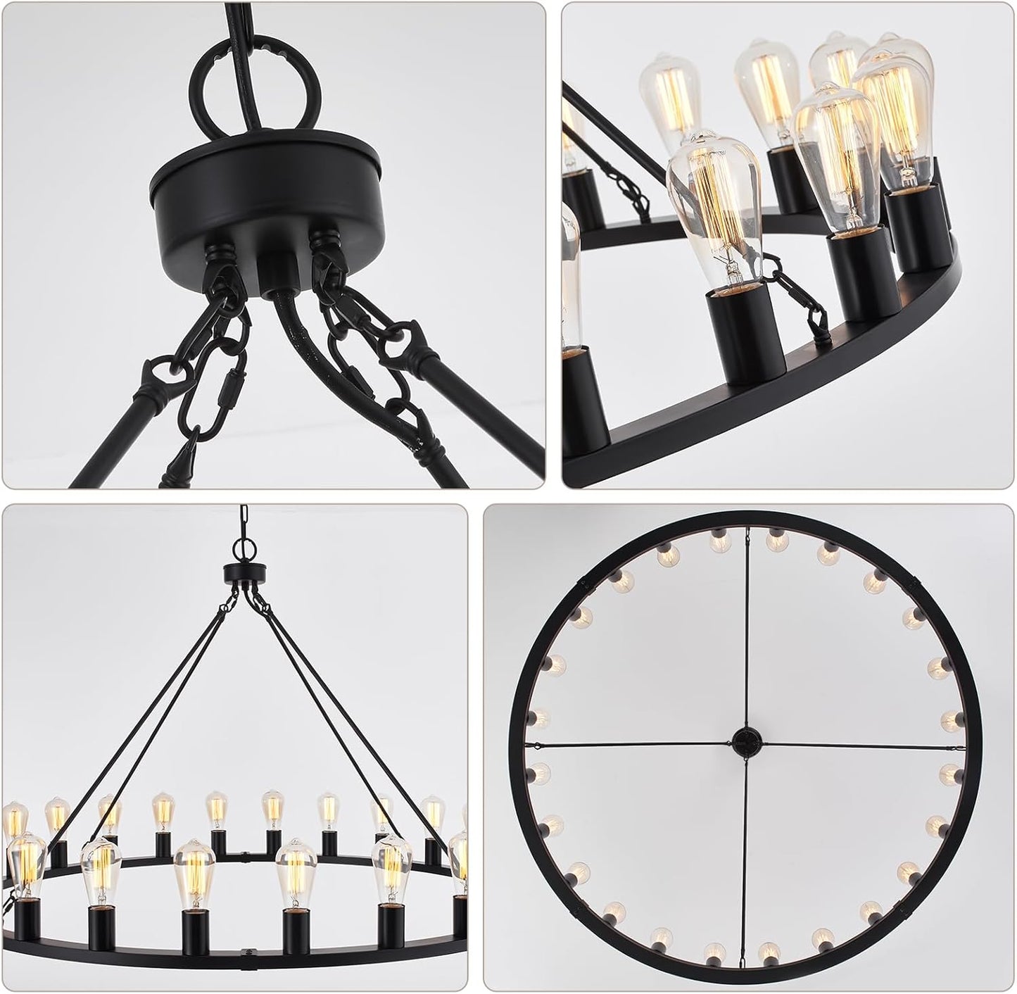 48 Inch 24-Lights Wagon Wheel Chandelier Matte Black Farmhouse Rustic Industrial Large Pendant Light for High Ceilings