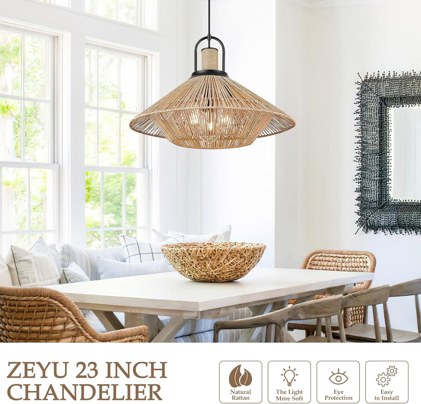 zeyu 3-Light Farmhouse Wicker Hanging Pendant Light, 23 Inch Boho Pendant Light Fixtures for Kitchen Dining Room, Handwoven Lampshade and Black