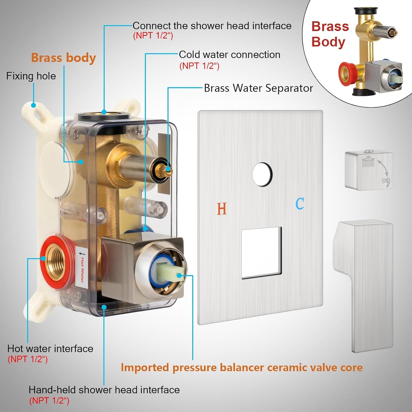 Baetuy 12 Inch Shower Faucet Set, Rainfall Shower System with High Pressure Handheld Shower Head and Square Fixed Shower Head,Spray Wall Mounted