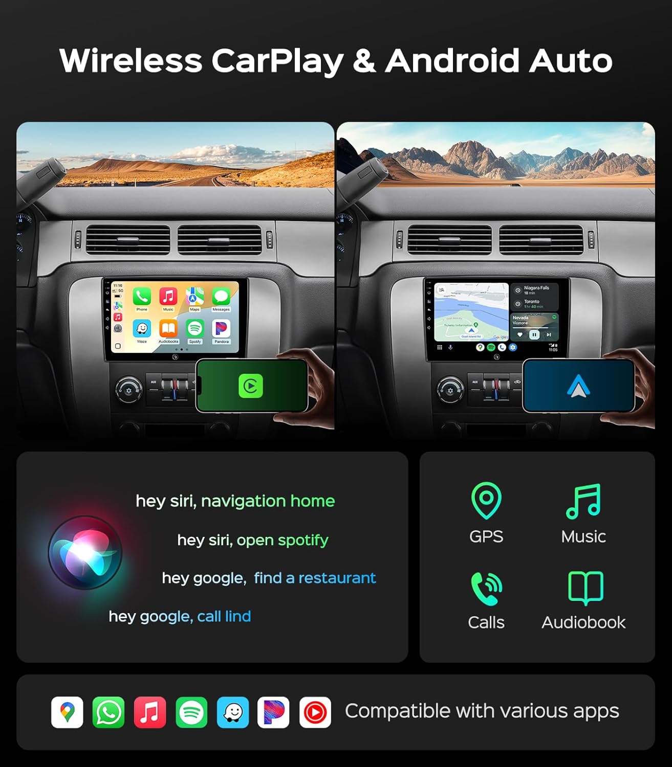 10.2'' Car Radio Stereo for Chevy Silverado 2007-2013 GMC Sierra Yukon Chevrolet Buick Enclave Wireless CarPlay & Android Auto, HD Touchscreen, Android 13, GPS Navigation, HD Backup Camera