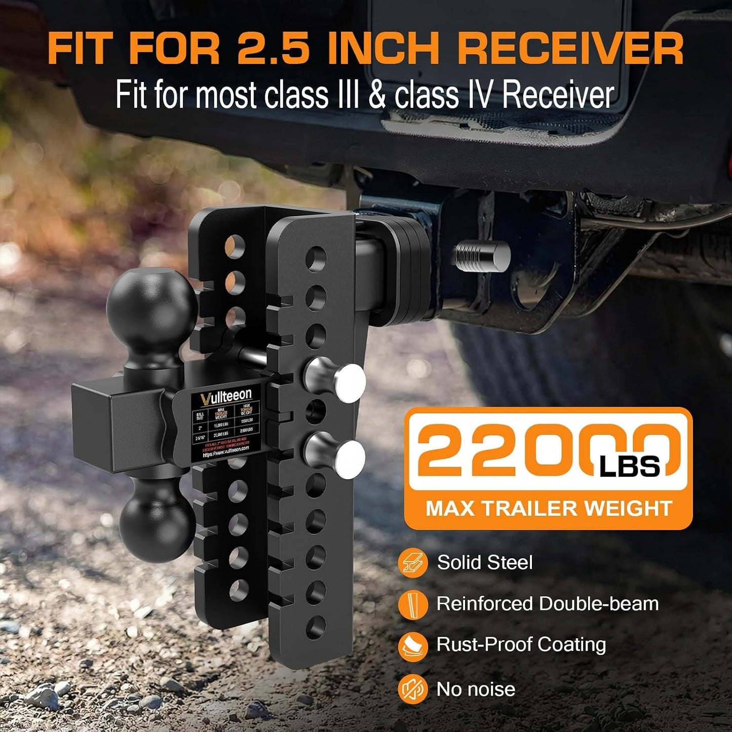 2026 Vullteeon Adjustable Trailer Hitch - Drop Hitch for 2.5 Inch Receiver, 8" Drop/Rise, (2" & 2-5/16") Ball Hitch for Truck, 22000 LBS GTW, Slot - Fit & Anti-Rattle Design Tow Hitches