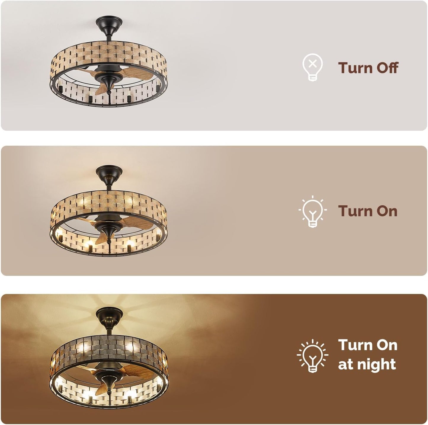 Orison 24' Caged Ceiling Fan with Lights, 2 Ways Control(App&remote control), Light Kit Included(8 bulbs), Modern Farmhouse, F61380