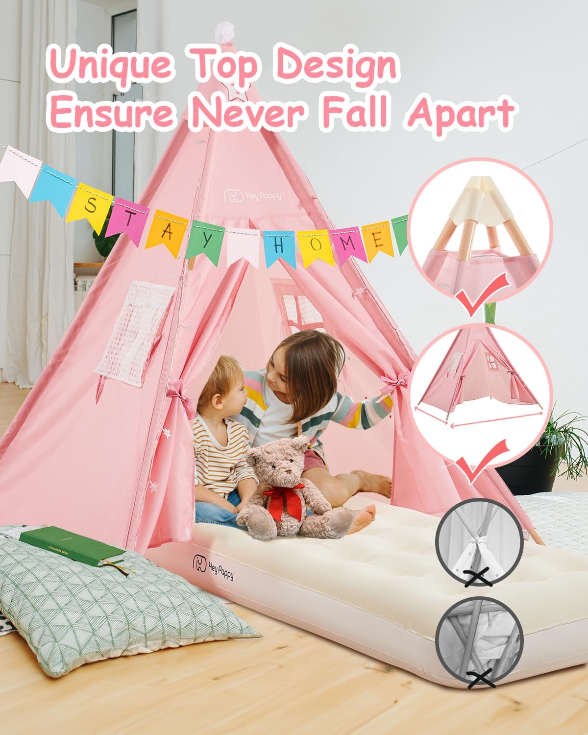 6 Pack Teepee Tent for Kids Slumber Party Sleepover Tents for Girls Party with Inflatable Airbed String Light Pump Supplies Age 6 7 8 9 10 11 12+