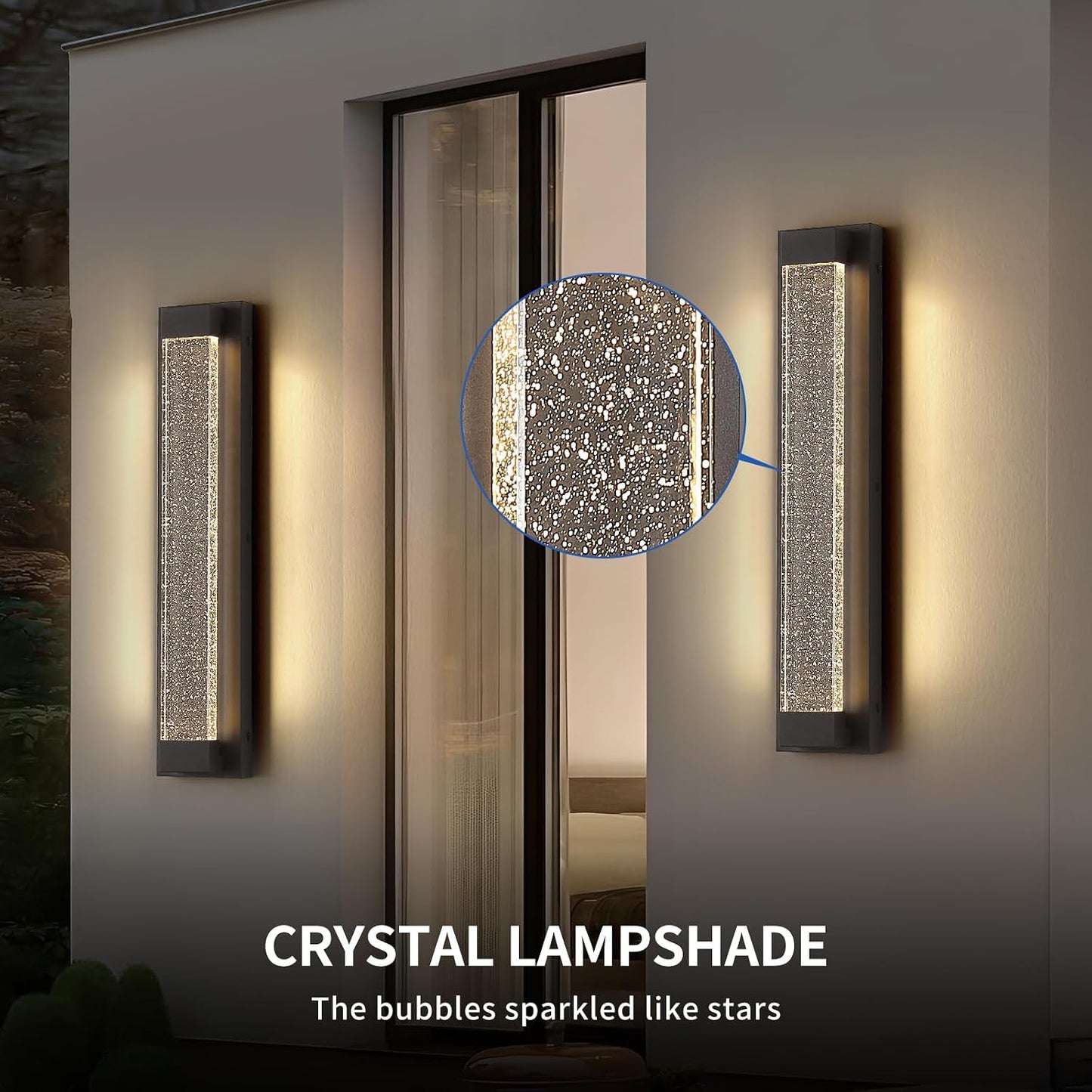 2 Pack Black Long Exterior Wall Lights, 23.6inch Bubble Crystal Outdoor Wall Sconce, 3000K Warm White, IP65 Waterproof, Minimalist LED Outside Garage Lighting for House, Fence, Balcony, Patio 3000K-Crystal 23.6inch 2