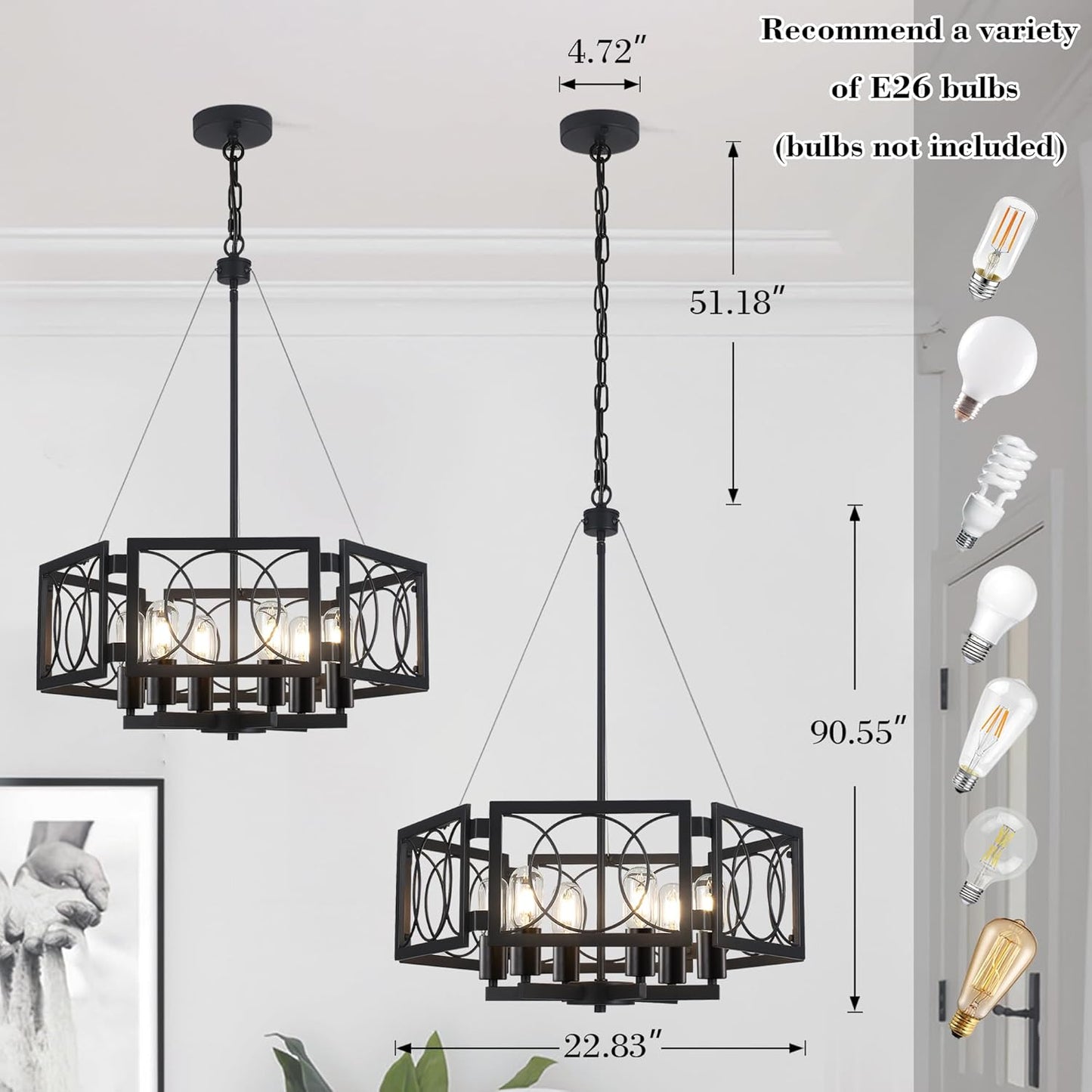 22.83' Black Farmhouse Chandelier for Dining Room, Large Modern Industrial Geometric Pendant Lighting Fixture Adjustable Hanging Lights fo