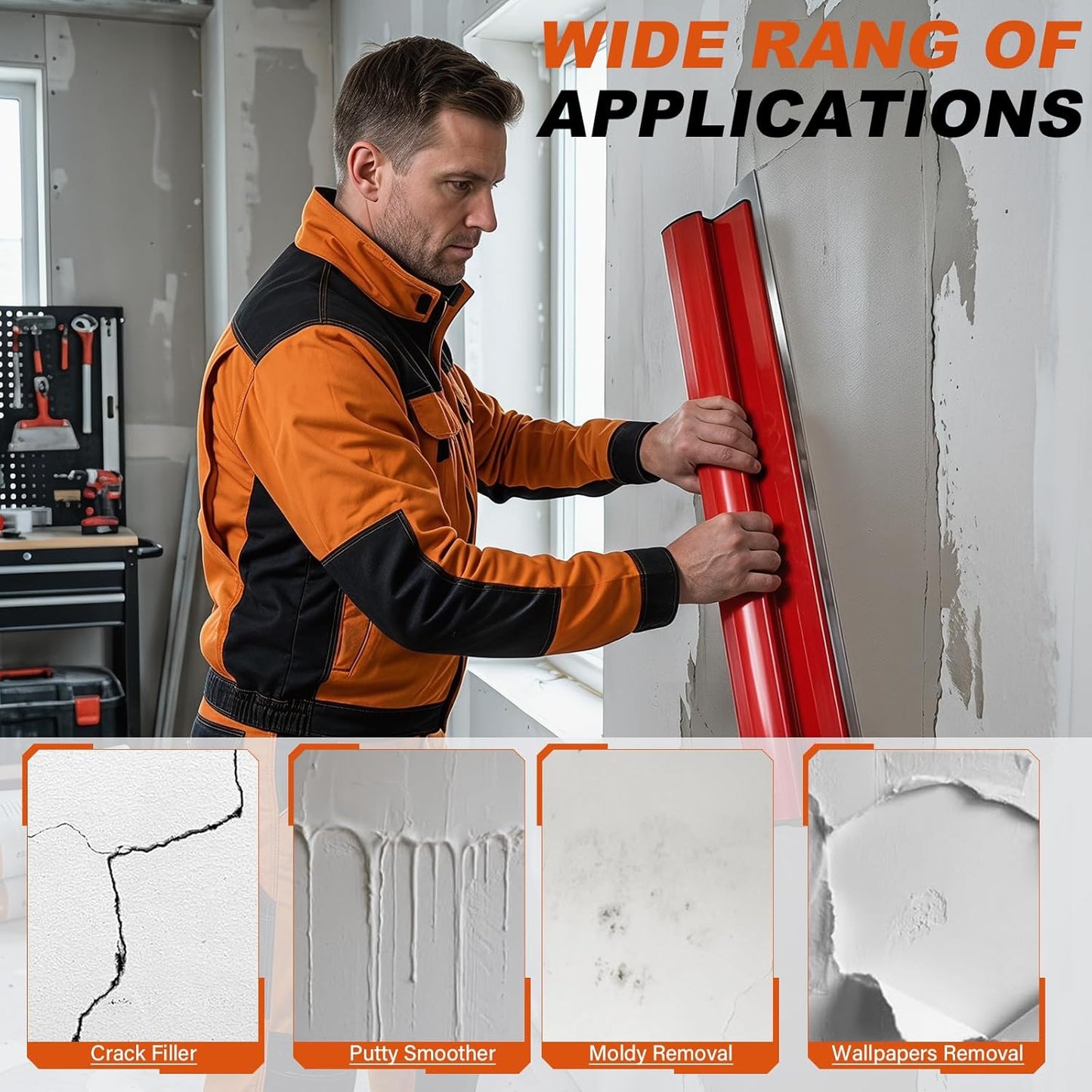 Drywall Skimming Blade Set with 32" - 51" Extension Handle 9inch Compound Rollers 10in/16in/24in/32in Stainless Steel Skimming Blades for Wall Surface Smoothing Drywall Plaster Wallboard