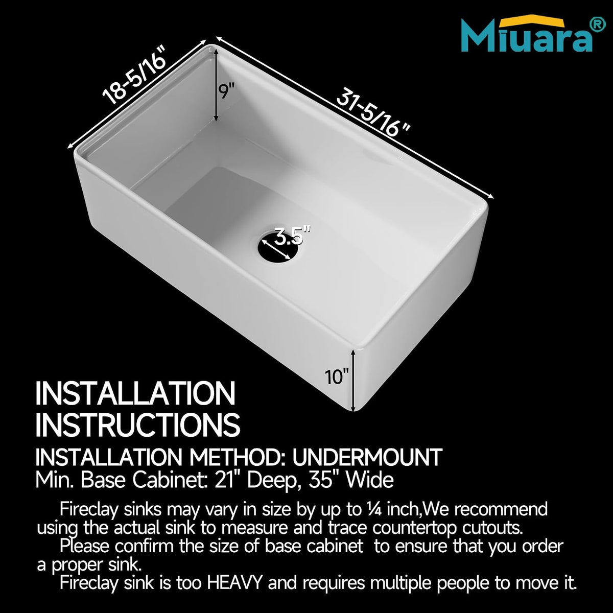Miuara 31 x 18 Inch White Apron Front Farmhouse Workstation Kitchen Sink