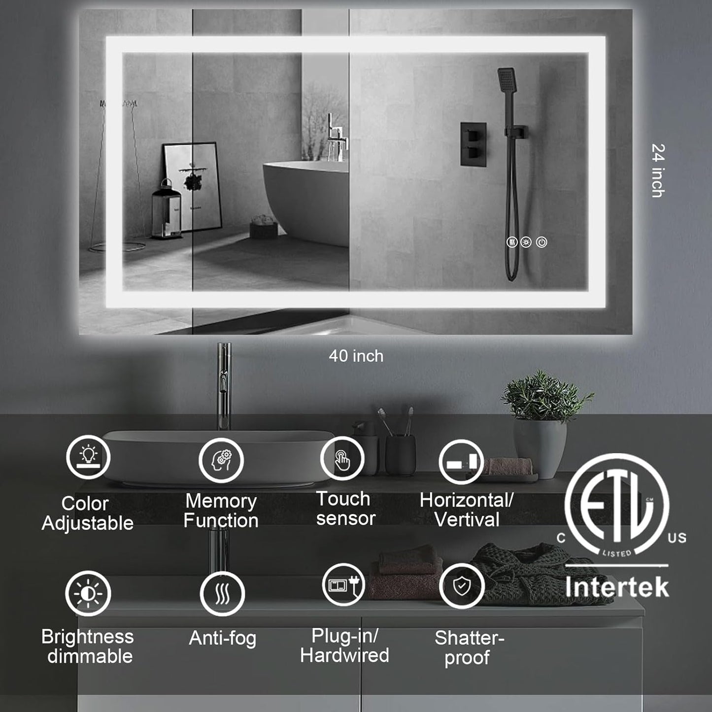 LED Bathroom Mirror with Backlit & Front Light, 40'x24' Anti-Fog, Memory Function, Dimmable Color & Brightness,CRI90+, IP54 Waterproof,